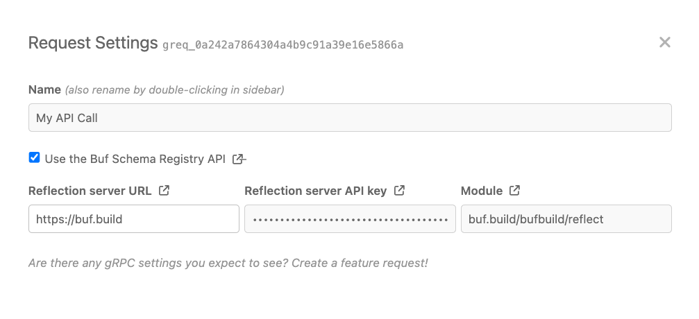 gRPC request settings dialog