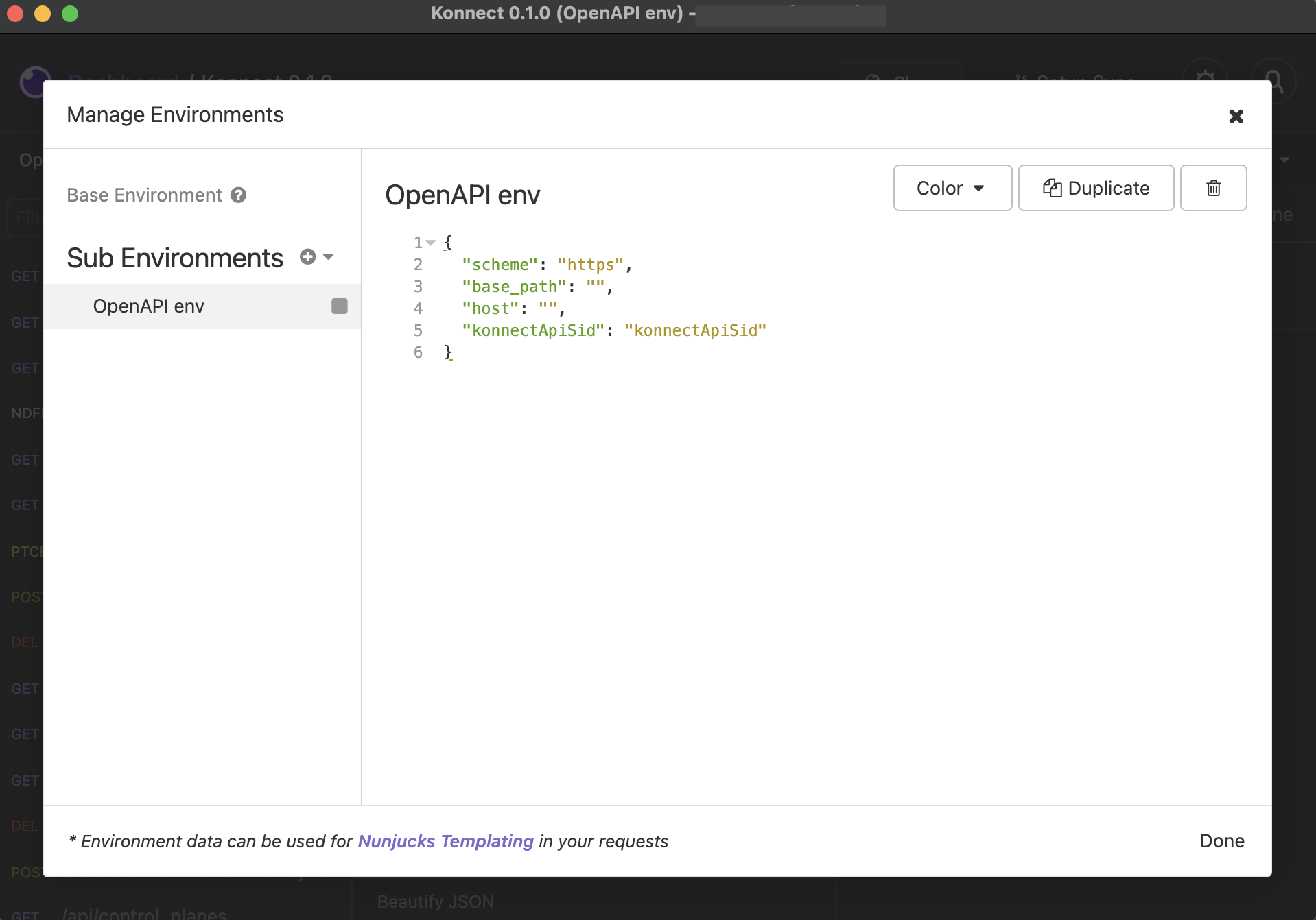 The Manage Environments modal allows you to access and edit your base and sub environments.