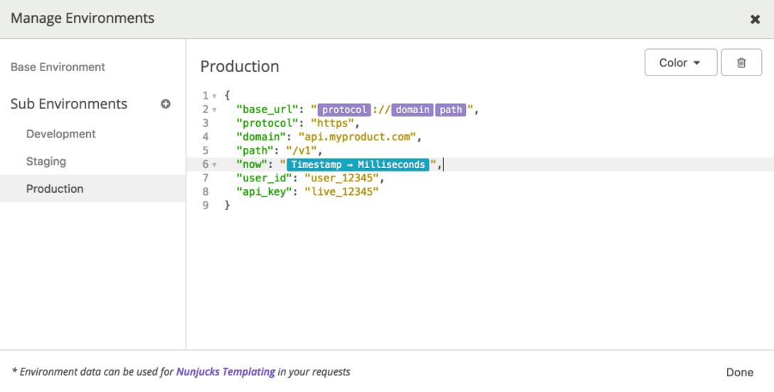 Use variables within environment variable json configuration to reference other variables and minimize duplication.